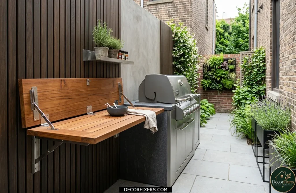 Fold-down outdoor kitchen counter maximizing a narrow patio