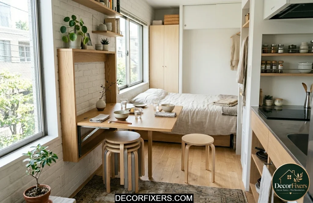 Tiny dining room ideas for apartments with a wall-mounted fold-out dining table