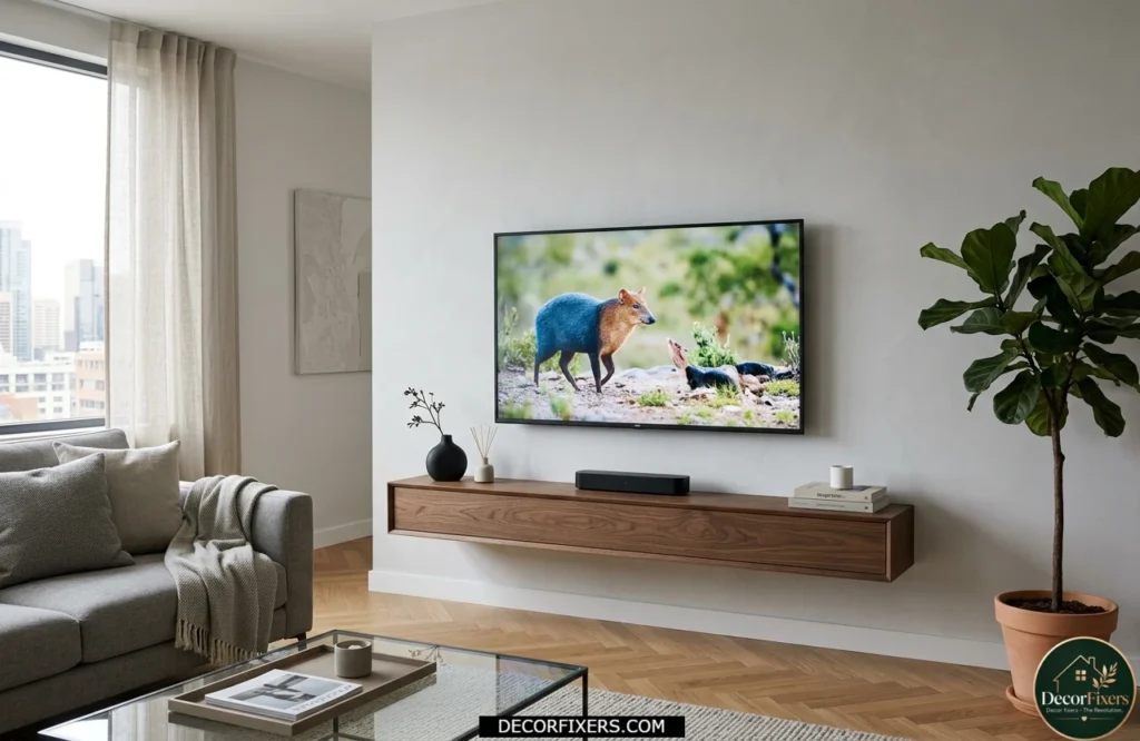 Wall-mounted TV with hidden cable management and floating media storage