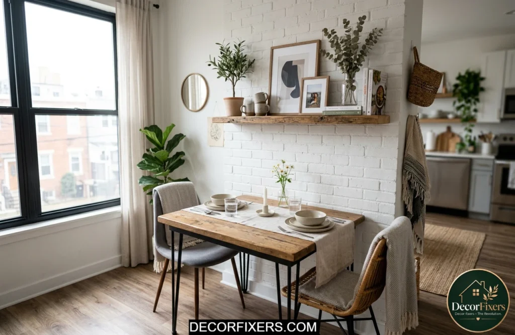 Tiny dining room ideas for apartments with a dining table placed against a wall