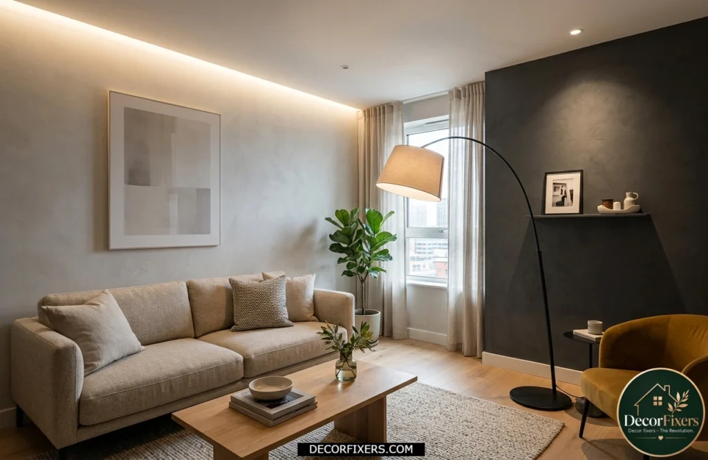 Wall-washing lighting making a small living room appear larger and brighter.
