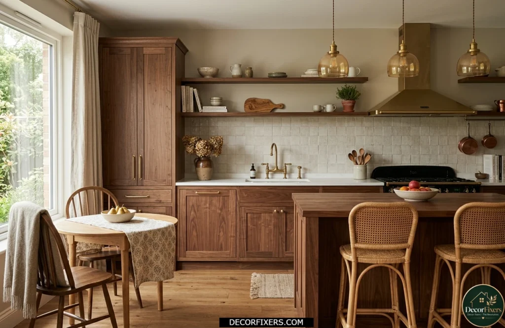Walnut cabinets with warm greige walls, linen-look backsplash tiles, and soft ambient lighting.