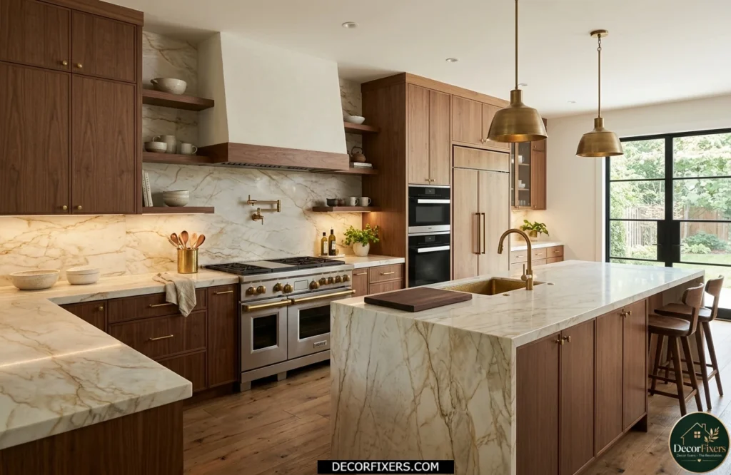 Medium walnut cabinets paired with Taj Mahal quartzite countertops and natural stone detailing.