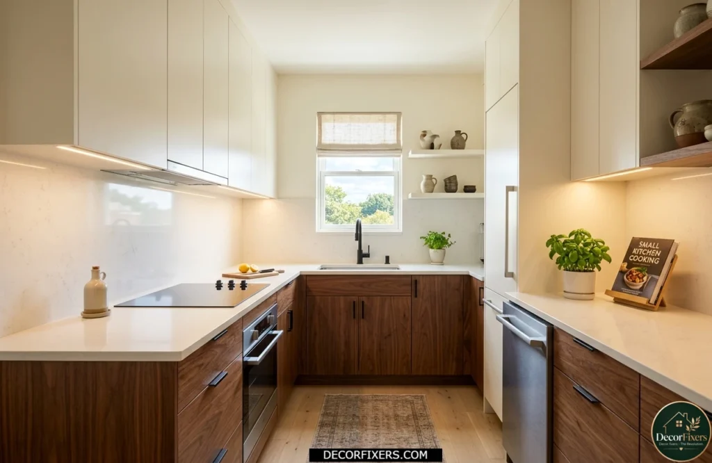 Small kitchen featuring walnut lower cabinets, white upper cabinets, and warm under-cabinet LED lighting.