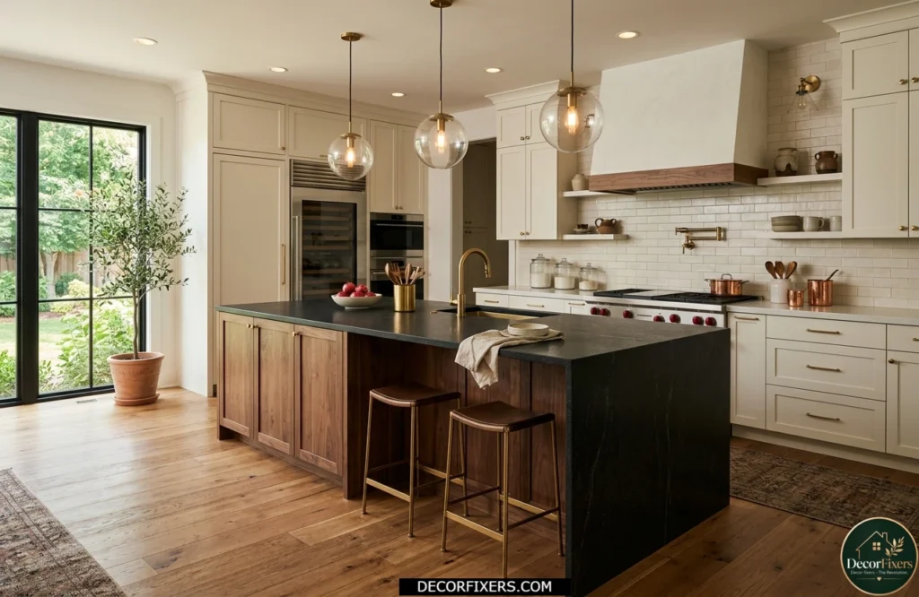 Walnut kitchen island with a black granite countertop serving as the focal point in a white kitchen.