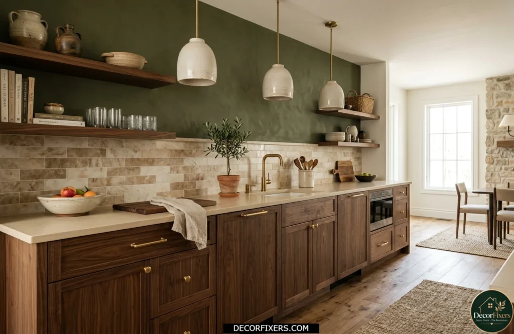 Walnut kitchen with deep olive green accents, cream quartz countertops, and brass hardware.