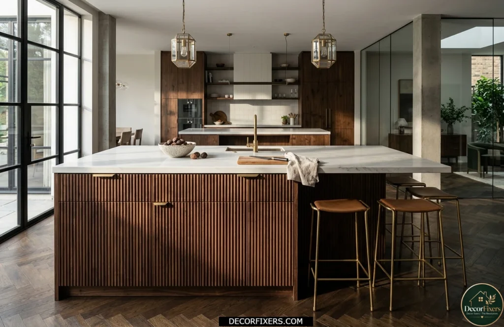 Fluted walnut cabinet fronts with a smooth white stone countertop creating a textured luxury kitchen.