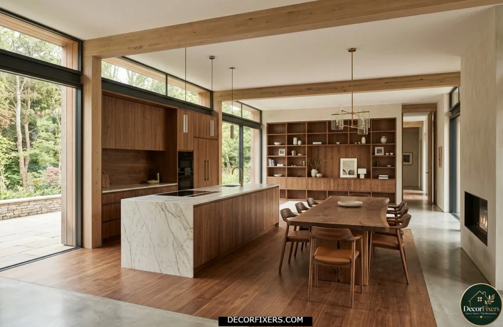 Open-plan walnut kitchen seamlessly connected to a dining area with matching walnut furniture.
