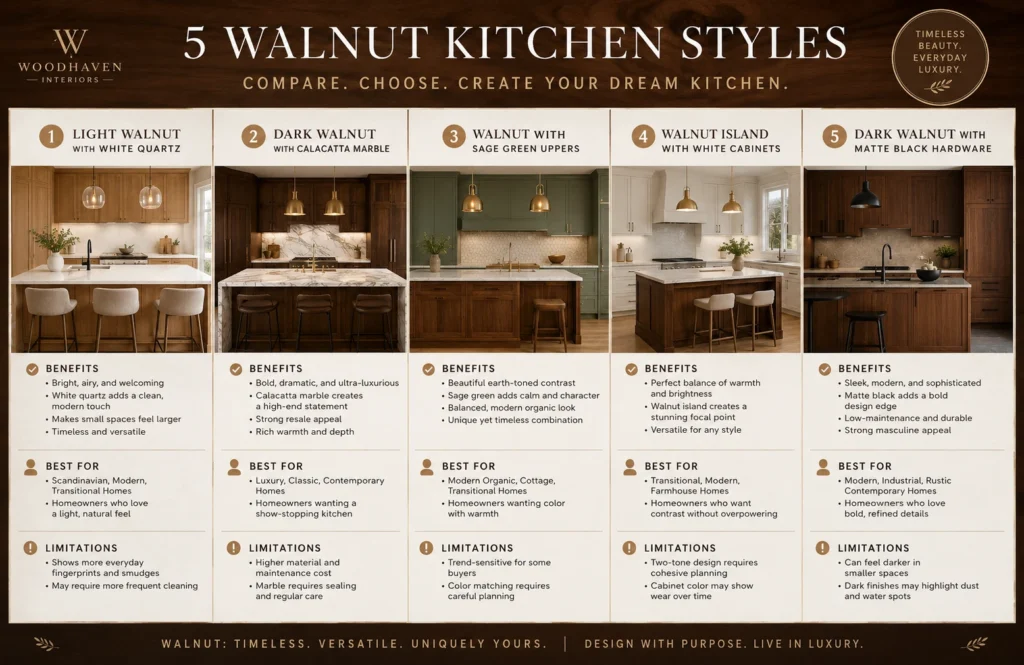 Comparison infographic showing walnut kitchen cabinet styles, countertop pairings, benefits, and limitations.