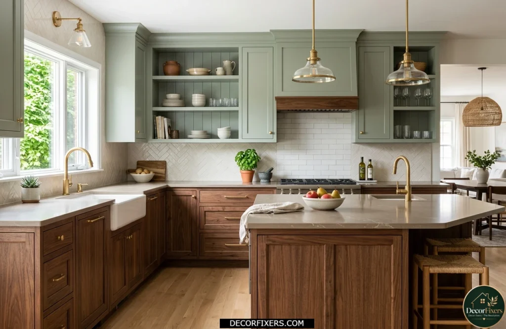 Walnut lower cabinets and sage green upper cabinets with warm quartz countertops in a two-tone kitchen.