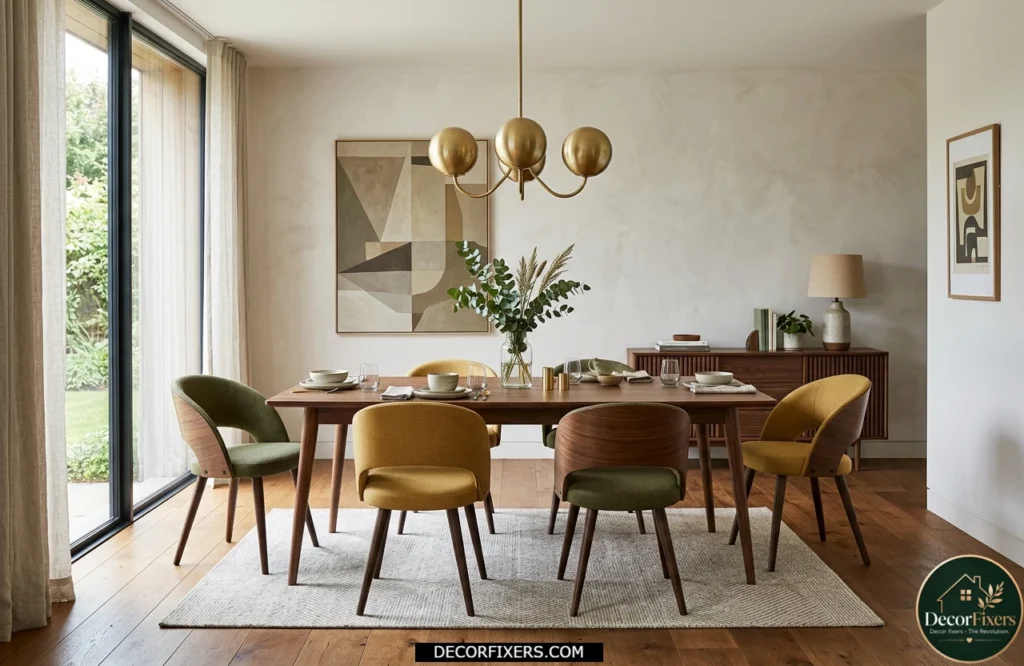 Walnut rectangular dining table with tapered legs in a mid-century modern dining room