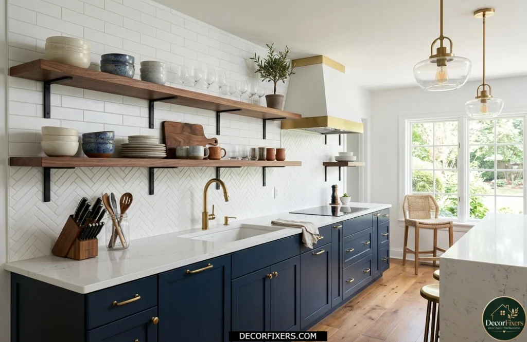 Floating walnut shelves above navy lower cabinets with decorative ceramics and glassware displays.