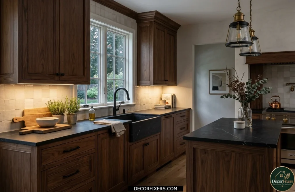 Walnut shaker cabinets with black soapstone countertops and matte black fixtures in a moody kitchen.