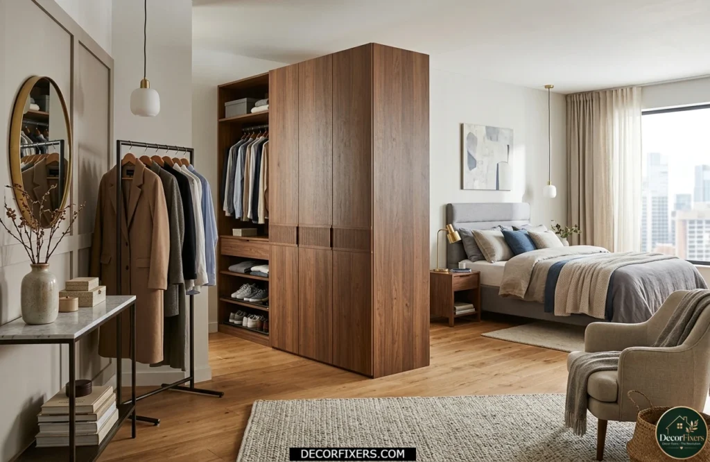 Freestanding wardrobe used as a room divider in an open bedroom layout