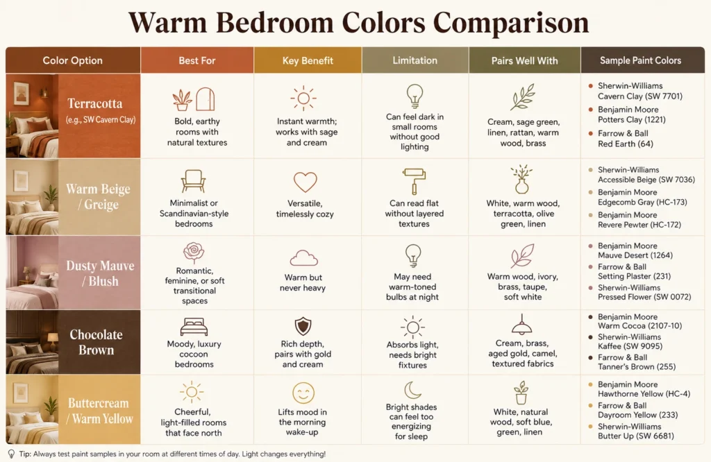 Comparison table of warm bedroom color ideas showing terracotta, greige, chocolate brown, dusty mauve, warm white, sage, burgundy, rust, and taupe color schemes with their mood, best room size, and design style recommendations.