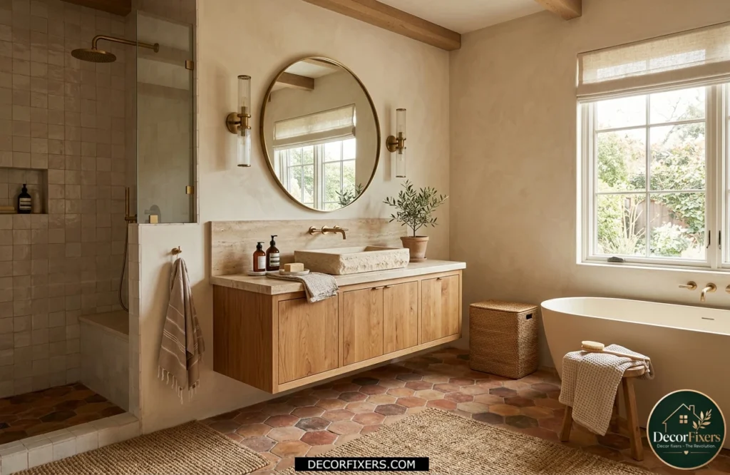 Warm earth-tone bathroom floor tiles in terracotta and clay shades for a cozy look.