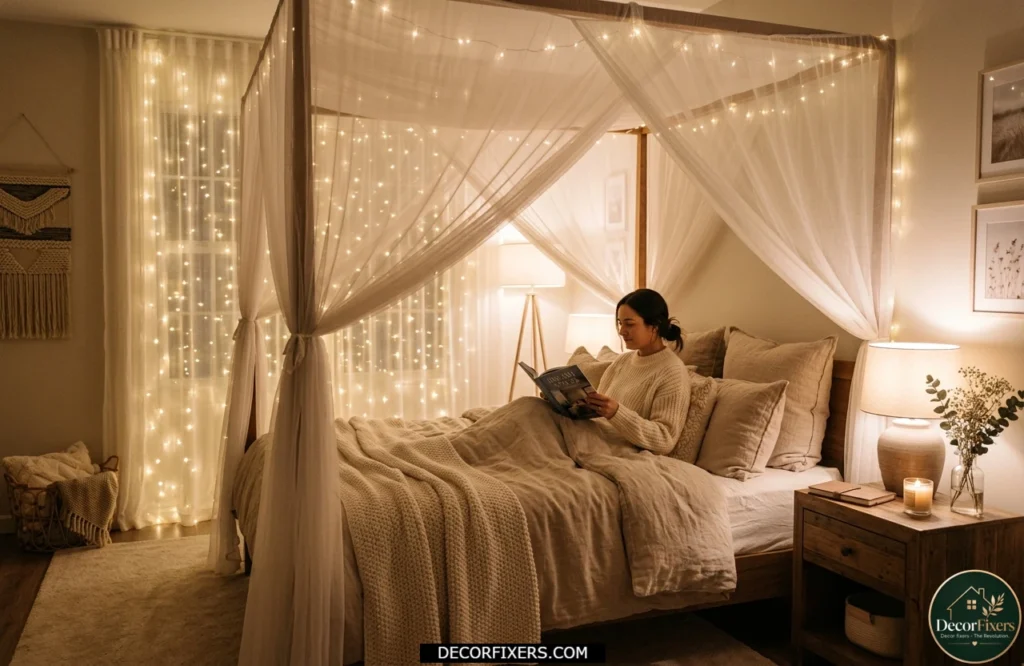 Warm fairy lights adding a soft ambient glow to a cozy bedroom