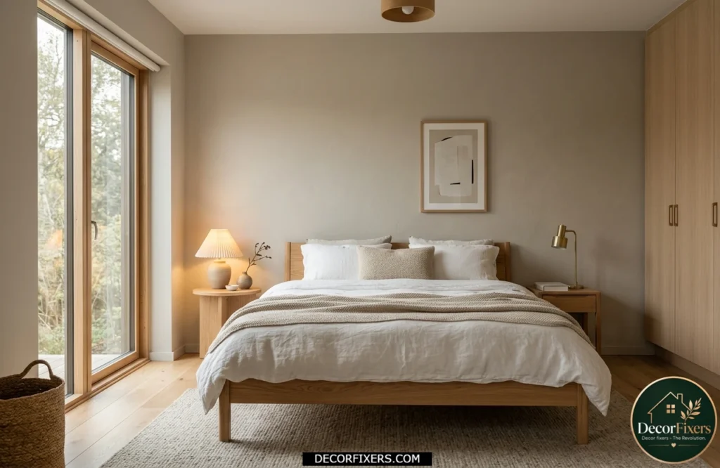 Warm greige bedroom with Scandinavian minimal design, soft lighting, and natural wood furniture for a calm neutral look.