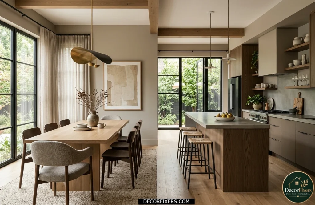 Warm greige dining room color idea for seamless open-concept living