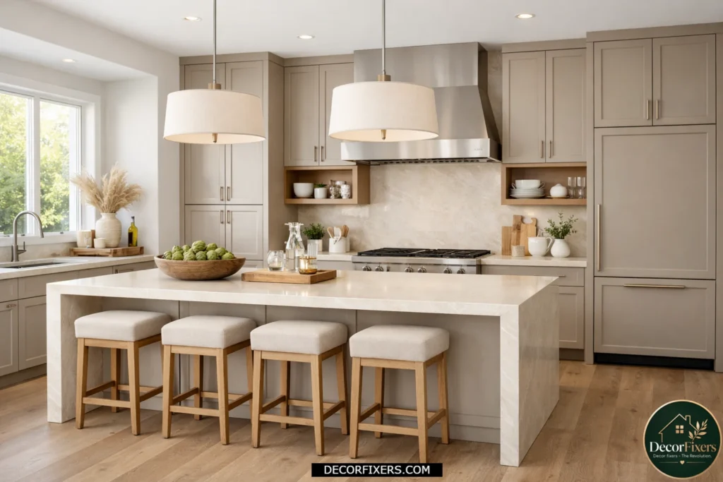 Warm greige kitchen cabinets in a sophisticated neutral palette