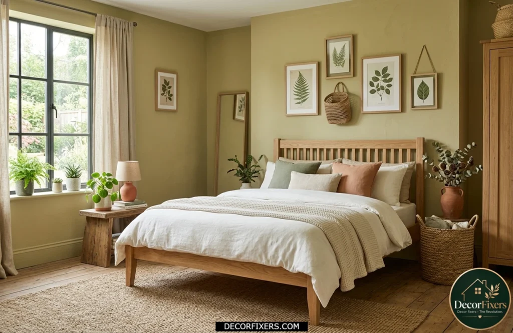 Warm sage green bedroom with earthy tones, wooden furniture, and natural calming atmosphere.
