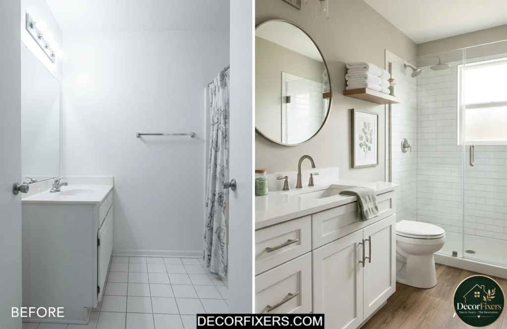 Warm greige bathroom wall paint makeover, creating a spa-like atmosphere