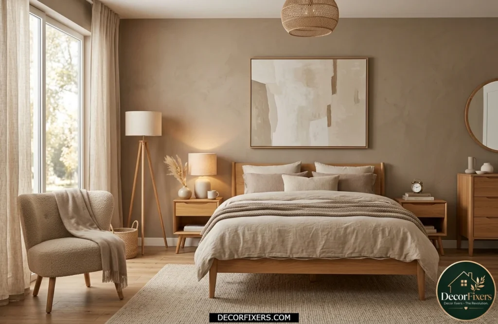 Warm taupe bedroom with neutral elegant design and soft cozy lighting.