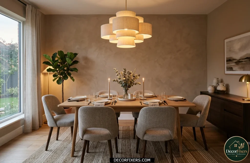 Warm taupe and clay dining room color idea with soft neutral palette