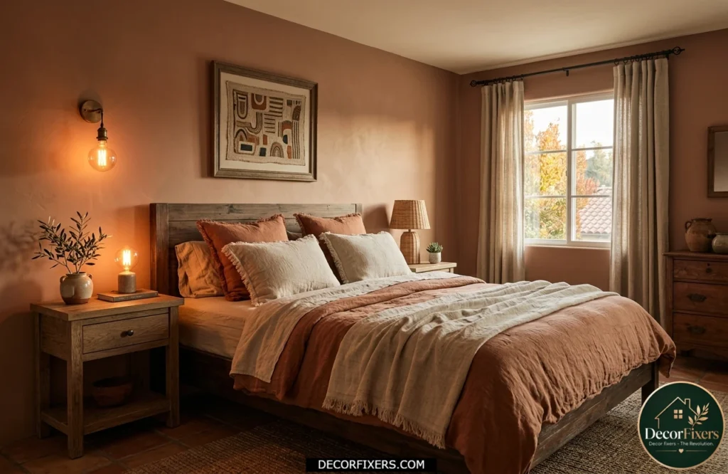 Terracotta warm bedroom with earthy tones, cream bedding, and soft ambient lighting, creating a cozy Tuscan-style interior.