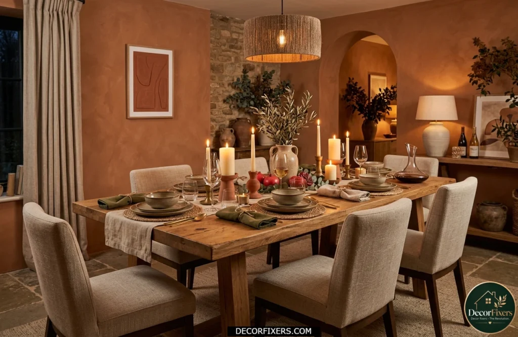 Warm terracotta dining room color idea with earthy decor and cozy atmosphere
