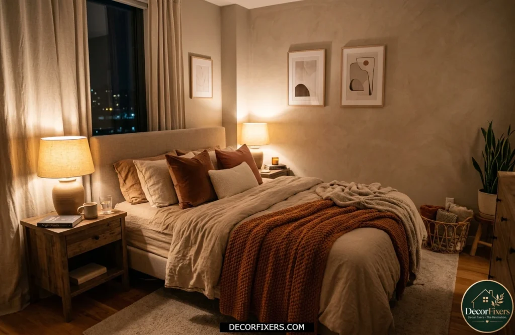 Small cozy bedroom with warm-toned bedside lamps creating a relaxing evening atmosphere.