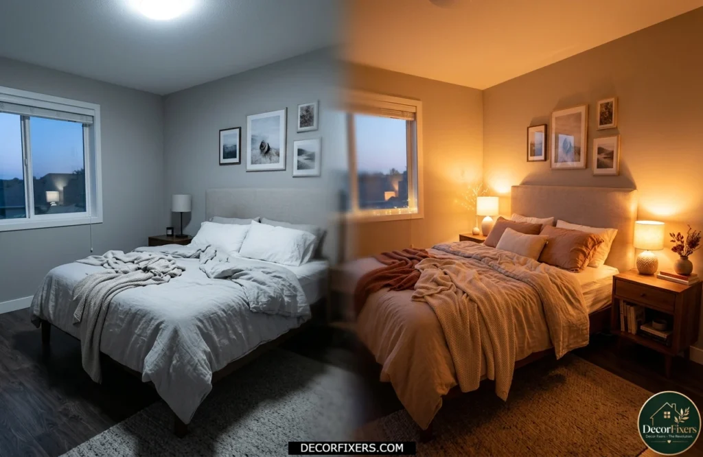 Warm 2700K LED bulbs transforming a bedroom from cool and harsh to warm and cozy