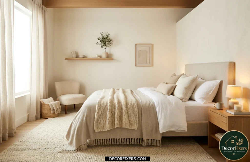 Warm white bedroom with soft creamy tones and layered textures creating a clean cozy space.