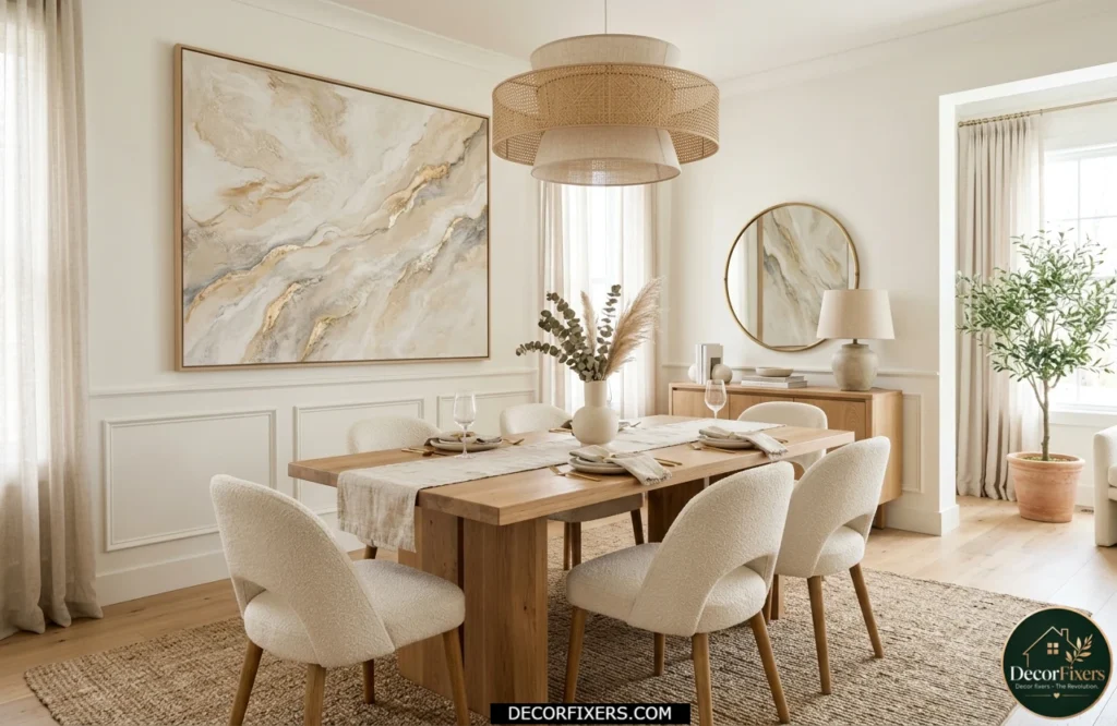 Warm white and cream dining room color idea for bright modern interiors