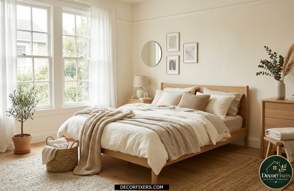 Warm white Scandinavian bedroom with soft cream walls, pale oak furniture, and cozy natural textures.