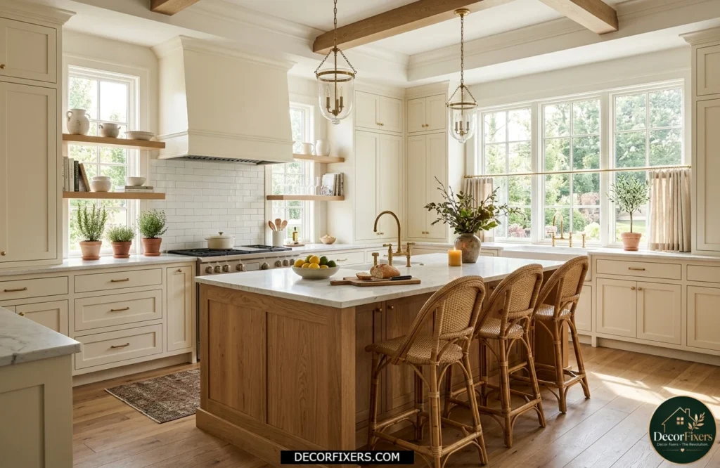 Warm oak kitchen island adding natural texture and contrast to a bright white kitchen.