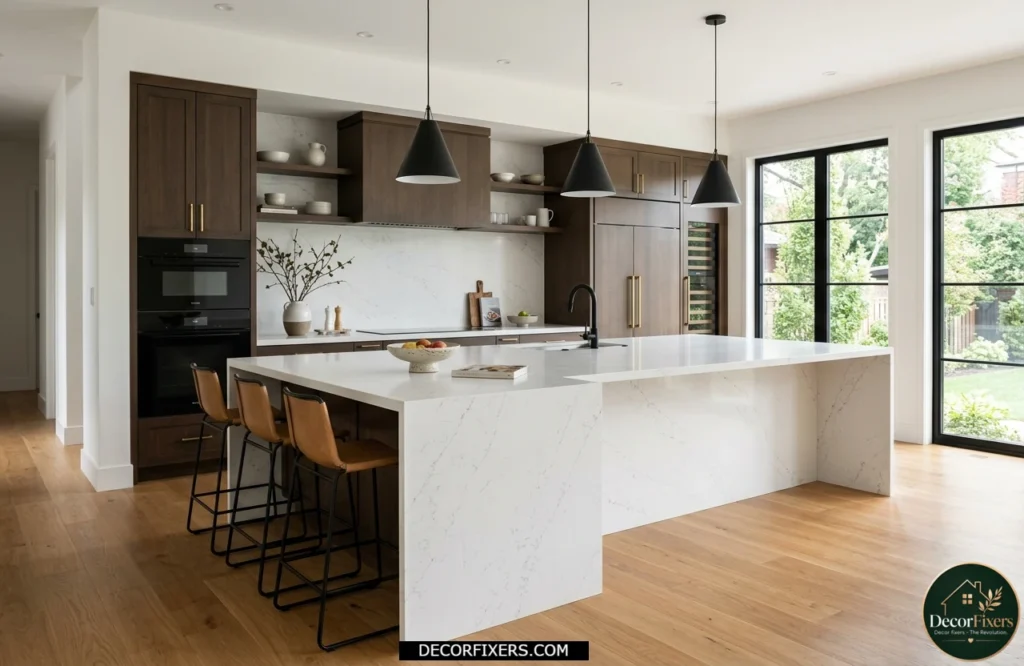 Modern quartz waterfall kitchen island with seamless stone sides and luxury contemporary styling.