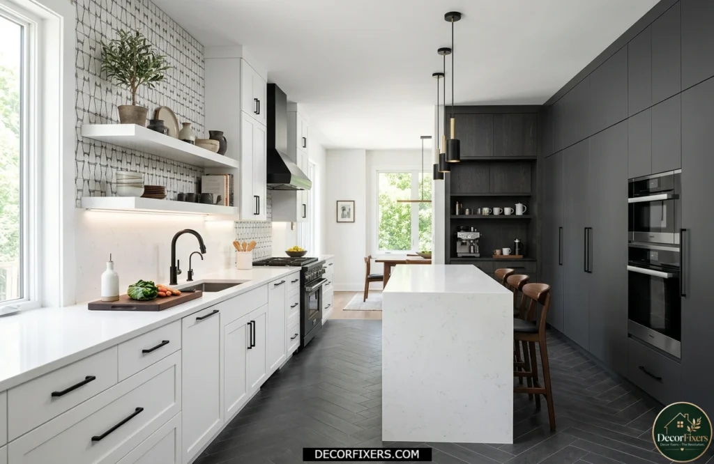 White kitchen cabinets with a dramatic graphite grey accent wall and pantry section