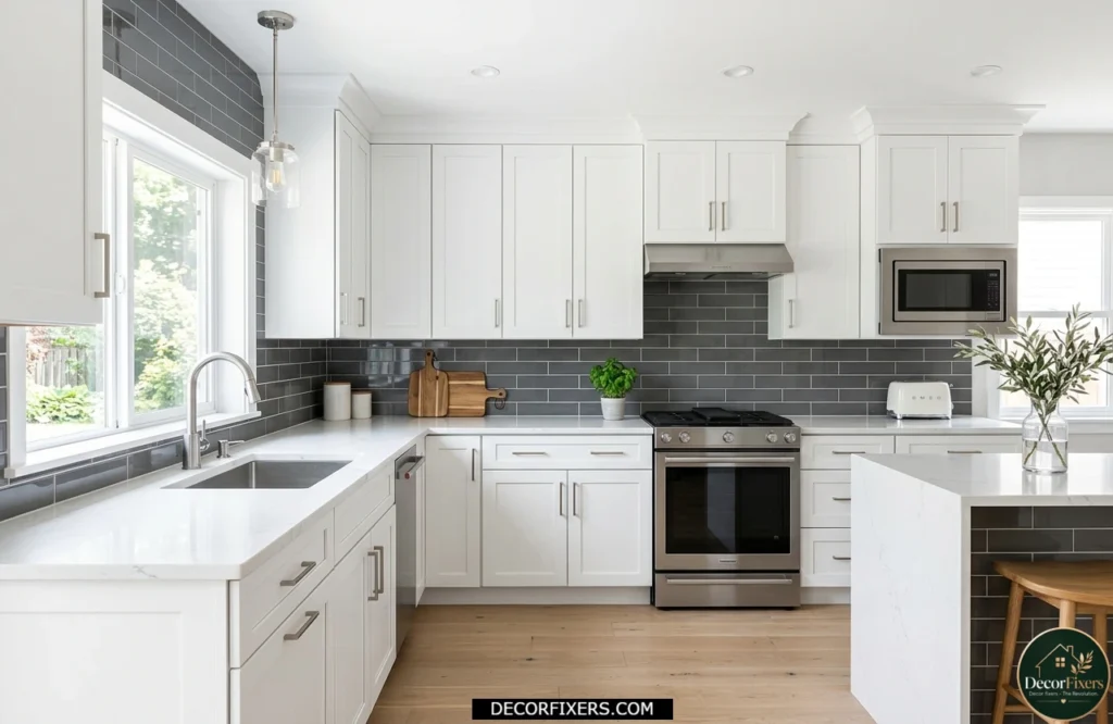 White kitchen cabinets with a stylish grey tile backsplash and modern finishes