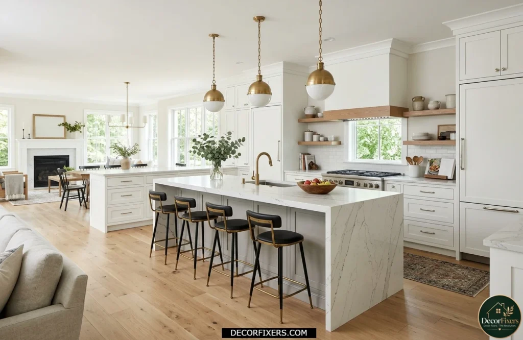 White kitchen cabinets with a grey island centerpiece and quartz countertop