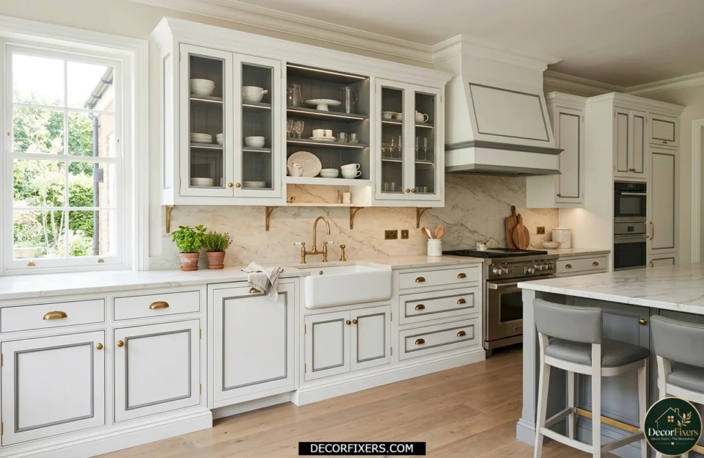 White shaker kitchen cabinets with grey accent detailing and glass-front upper cabinets