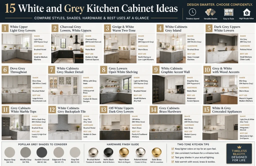 Comparison infographic showcasing 15 white and grey kitchen cabinet ideas, shade options, hardware finishes, and best-use recommendations
