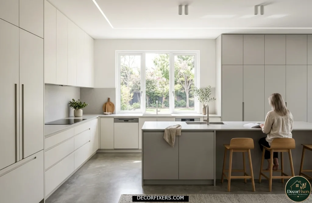 White and grey kitchen design with concealed appliances and seamless cabinetry