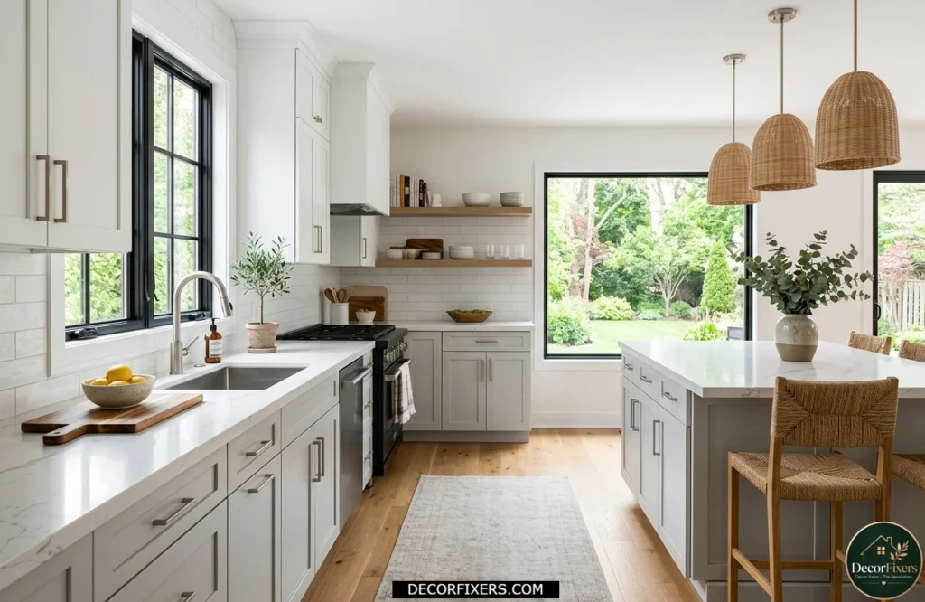 White upper cabinets with light grey lower cabinets and white quartz countertops in a bright modern kitchen