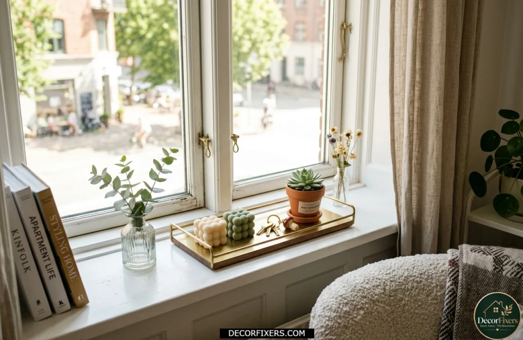 Windowsill storage tray organizing plants, candles, and everyday essentials