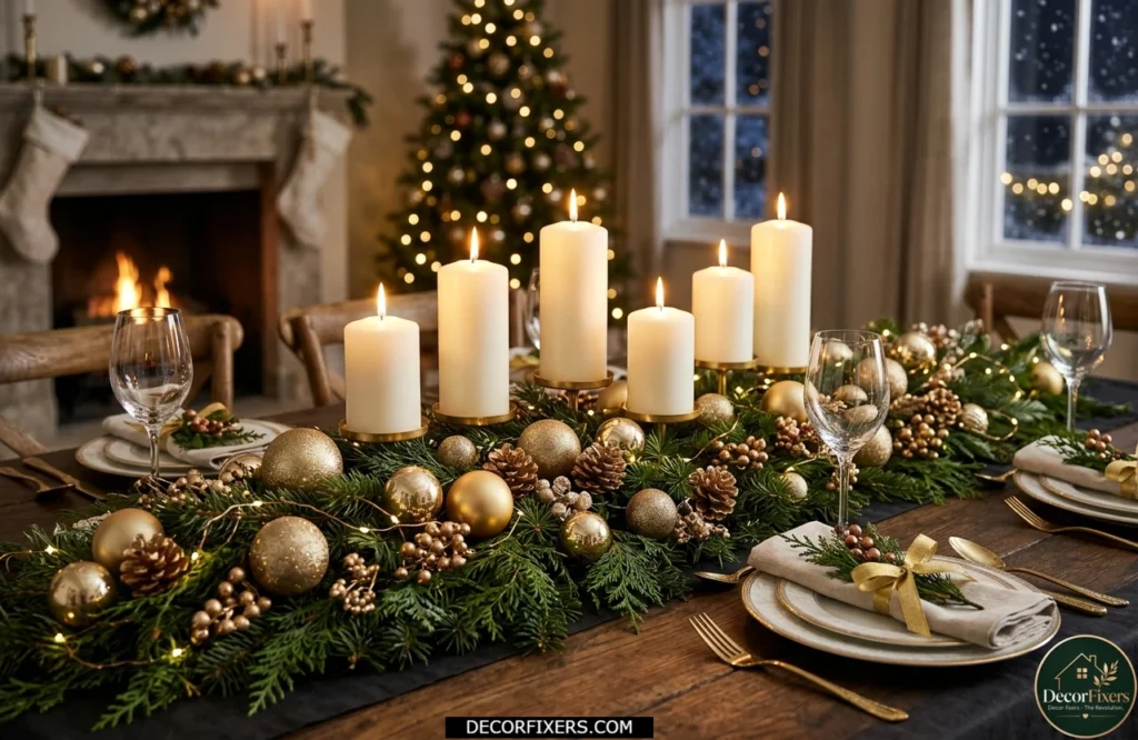 Winter holiday centerpiece with evergreen garland, candles, and metallic accents