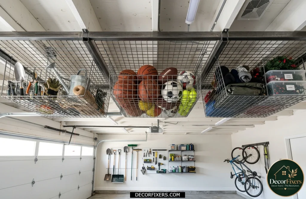 Wire mesh ceiling baskets storing sports equipment, gardening supplies, and seasonal items.
