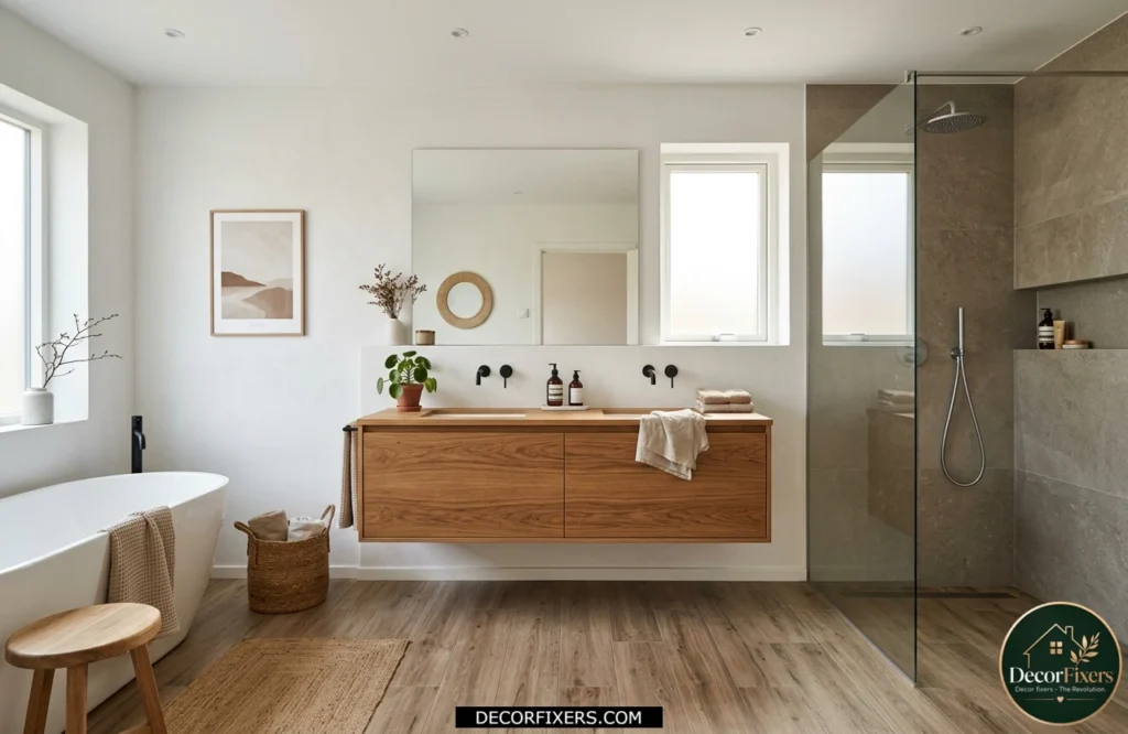 Wood-look porcelain plank bathroom flooring with Scandinavian-inspired warmth and durability.
