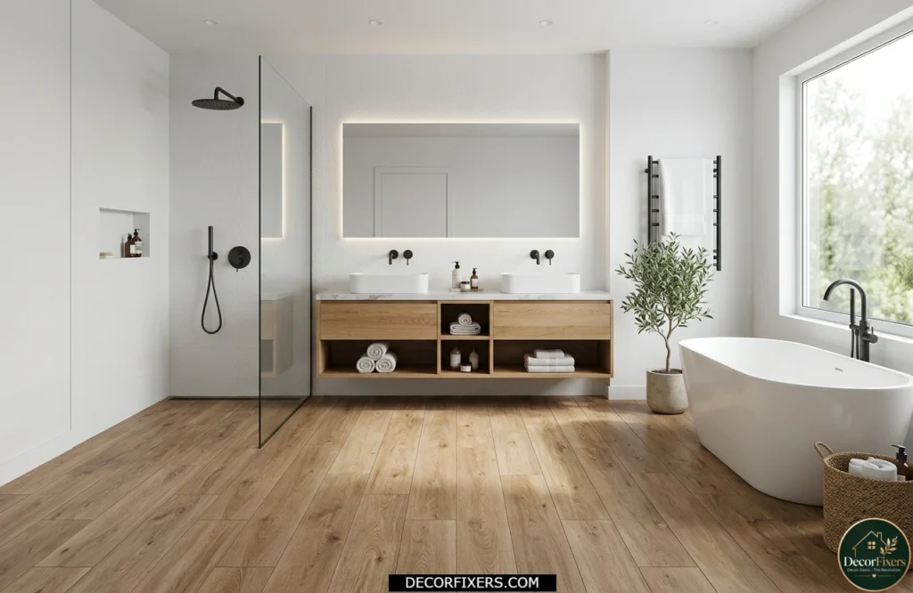 Wood-look porcelain tile flooring in a modern bathroom