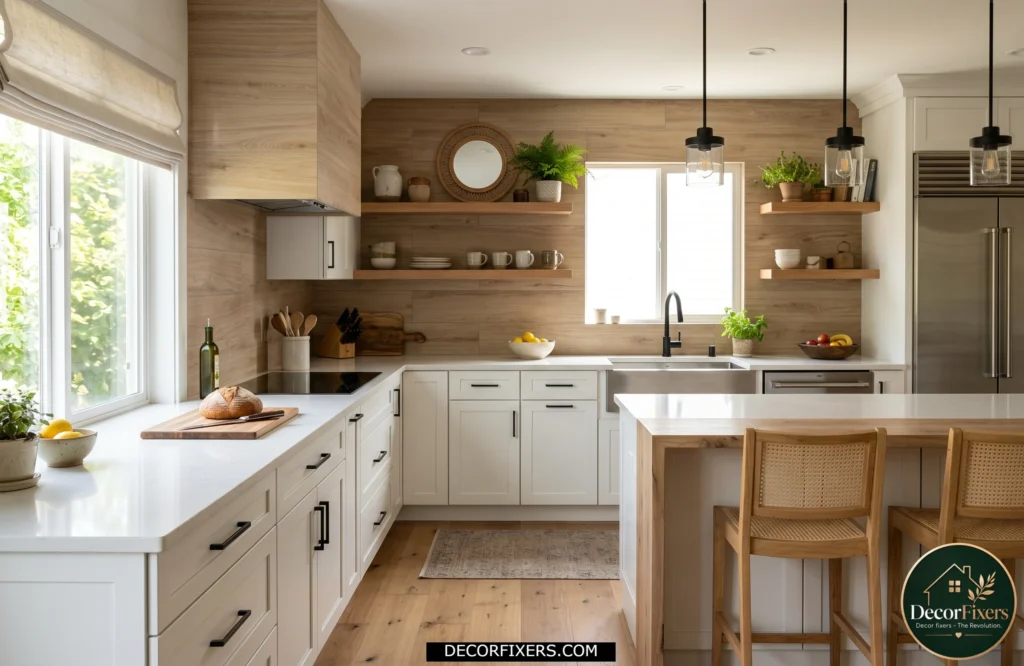 Wood-look porcelain tile backsplash bringing warmth and durability to a modern kitchen.